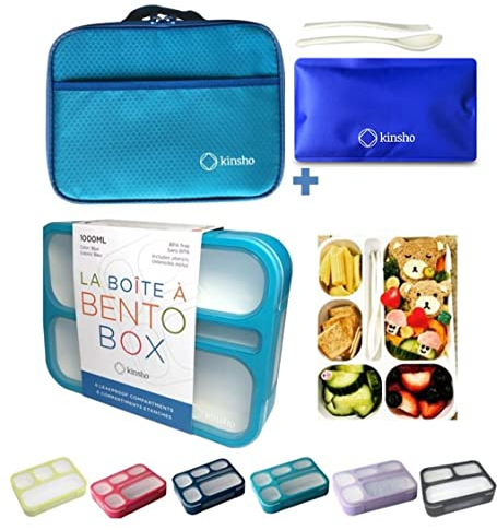 Bento-Box with Bag and Ice Pack Set. Lunch Boxes Snack Containers for Kids Boys Girls Adults. 6 Compartments, Leakproof Portion Container Boxes Insulated Bags for School Lunches, Blue