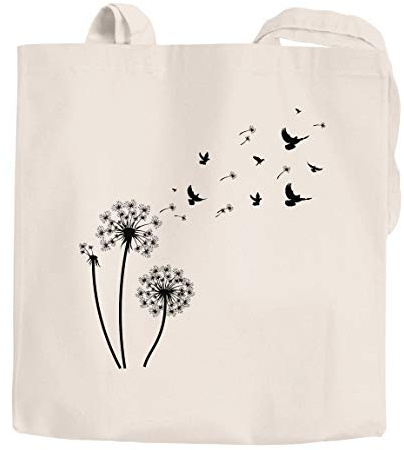 Autiga Jutebeutel Pusteblume Vögel Dandelion Birds Baumwolltasche Stoffbeutel Schultertasche Einkaufsbeutel natur 2 lange Henkel
