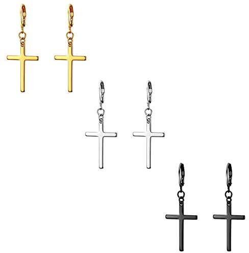 Flongo 3 Paires Boucles d’Oreilles avec Croix pour Femme Homme Couleur Argent/Or/Noir Boucles d’Oreilles Piercing en Acier Inoxydable Style Simple Classique