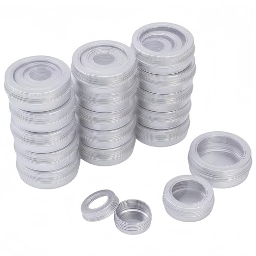 LJY 48 Pack Round Silver Metal Tins with Clear Window and Screw Lids, Mixed Sizes (0.5oz, 1oz, 2oz) - Aluminium Containers for Solid Lip Balm, Candle Making, Beads and Workshop Screw Storage