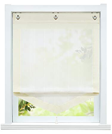 ESLIR Raffrollo ohne Bohren Gardinen Küche Landhaus Raffgardinen mit Ösen Transparent Ösenrollo Vorhang Leinen Beige BxH 60x140cm 1 Stück