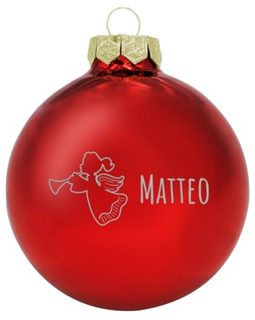 Deitert Weihnachtskugel mit Wunschtext Gravur, Ø 8cm, personalisierte Christbaumkugel aus Glas (glänzend), Individueller Weihnachtsbaumschmuck Namen oder Spruch, Engel-Motiv, Rot