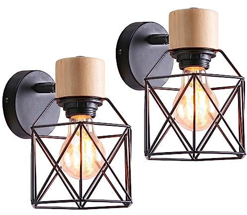 iDEGU Lot de 2 Appliques Murales Industrielles Design Cage en Métal Lampe Murale Bois Décoration Ajustable Vintage Luminaire Interieur pour Chambre Couloir Salon, 15CM (Noir)