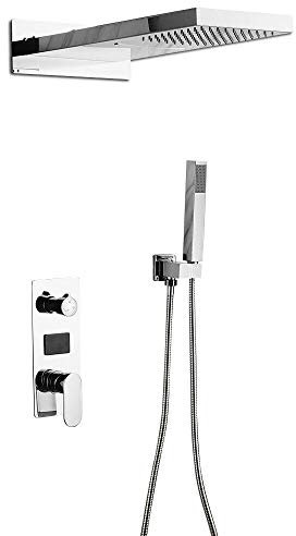 Système de douche encastré - En laiton - Affichage numérique - Mitigeur chaud et froid - Avec pommeau de douche - Thermostat de douche - Argenté