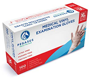 Pegasus Healthcare | Extra Strong Disposable Vinyl Examination Gloves | Colour - Clear | Medical Latex and Powder Free | Size - X-Large | 100 Gloves