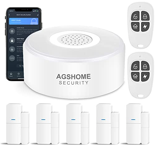 AGSHOME Alarmanlage 8-teiliges, Smart Home Alarmanlage Haus mit APP, WLAN Alarmanlage Set mit Sirene, 5 Fenster Tür Sensoren Und 2 Fernbedienungen, Alarmanlage für Haus, Wohnung, Wohnmobil