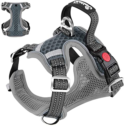 Eyein Hundegeschirr für Kleine Mittelgroße Hunde, Air Mesh Atmungsaktiv Brustgeschirr mit weichem Griff und Abschließbare Karabiner, ausbruchsicher reflektierend Hund Geschirr für Welpen, Grau, XS