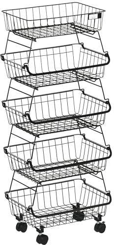 HOMCOM Cesta de Frutas con Ruedas de 4 Niveles Carrito de Almacenamiento de Acero Apilable Cesta de Verduras para Cocina Salón Dormitorio 40x28x97 cm Negro