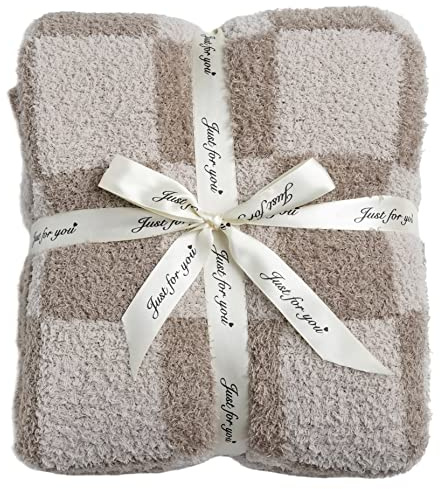 Ultra Soft Checkered Blanket Cozy Buffalo Check Throw Fluffy Knitted Reversible Throw Blanket Lightweight Fleece Checkerboard Grid Blanket for Sofa Couch Bed Travel, Linen/Warm Gray, 51''x63''