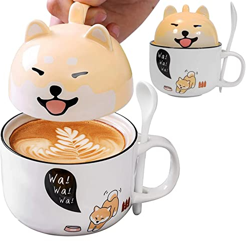 MeYuxg Shiba Inu Coffee Cup, Große Kaffeetasse aus Keramik 370ml+160ml, Cute Mug mit Deckel und Löffel, Tasse Personalisiert, für Weihnachtsgeschenke, Geburtstagsgeschenk