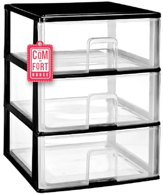 Commode en plastique 3 tiroirs noir - Organisateur de rangement vêtements chambre bureau - 37 x 38 x 47,3 cm - Montage facile - COM-FORT HOUSE