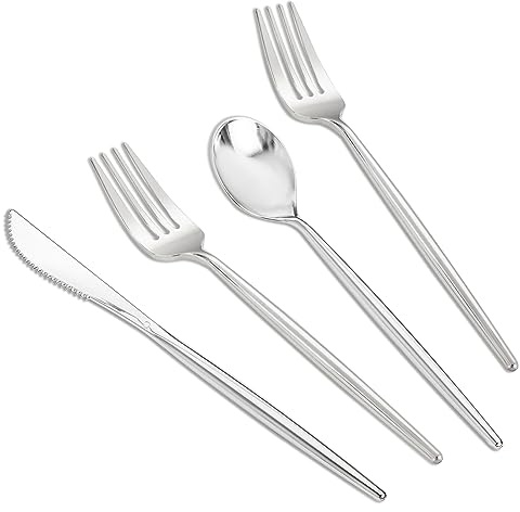 SUT 300pc Silver Cutlery Set - Disposable Silverware for Party, Includes 100 Forks, 100 Spoons, 100 Knives