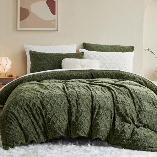 Freyamy Fleece Bettwäsche 135x200 4tlg,Flauschig Teddy Plüsch Bettwäsche-Sets für Winter,Extra Warm Wendebettwäsche Flanell,Grün Bettbezüge mit Reißverschlüsse und Kissenbezug 80x80