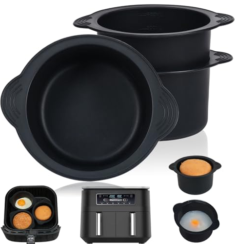 YQL Large Ramekins for Air Fryer, 3PCS Silicone Poached Egg Moulds | 9.5cm X 9.5cm X 6.5cm | Reusable Air Fryer Accessories for Ninja/Tower/Cosori/Tefal Airfryer, Black Muffin Cases for Baking