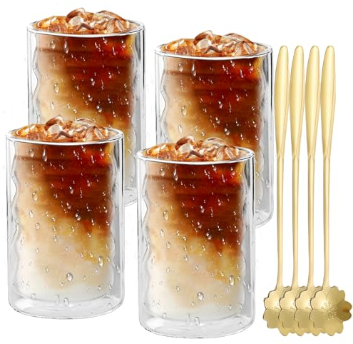 Nizirioo Juego de 4 vasos de café con doble pared, 375 ml, con 4 cucharas, vasos térmicos de doble pared de vidrio de borosilicato para whisky, cerveza, cóctel, café helado y té helado
