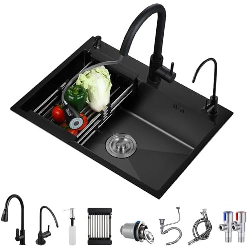 KELINGOUD Fregadero De Cocina De Acero Inoxidable, Color Negro, 1 Cuenco, Fregadero De Cocina Grande, Con Cesta Plegable Y Dispensador De Jabón, Sifón Y Rebosadero (55 x 45 cm)