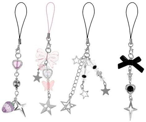 Amaxiu 4Pcs Cute Phone Charms, Cell Phone Charms Strap Mobile Phone Pendant Pink Strawberry Butterfly Star Phone Charm Phone Accessories for Phone Bag Keychain Camera Decor