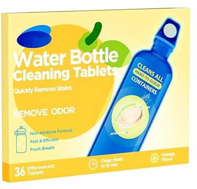 36PCS Water Bottle Cleaning Tablets, Bottle Cup Clean Sterilising Steriliser Tablet Descaler Reservoir Cleansing for All Plastics, Stainless Steel and Glass Drinking Containers, Orange Fresh Scent
