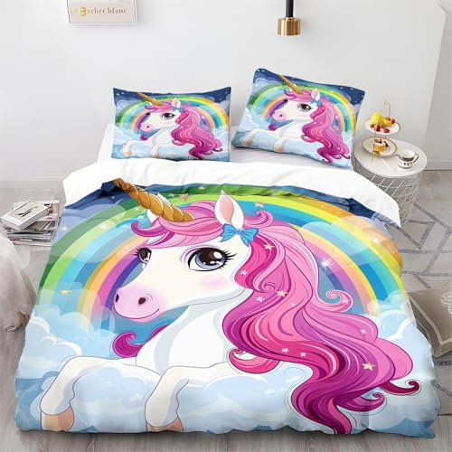 Generisch Süßes Einhorn -Bettwäsche-Set Superweicher,pflegeleichter Mikrofaser-Bettbezug mit Reißverschluss und Zwei Kissenbezügen Blau Und Weiß bedruckter Bettbezug Bettbezug-Set 135 x 200 cm