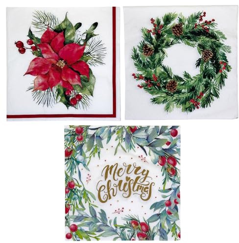MIJOMA Motivservietten Set 48 Stück - Festtagsgrün | 33x33cm, 3-lagig, Dekorative Papierservietten für Weihnachtsfeiern, Chlorfrei, Wasserbasis Farben