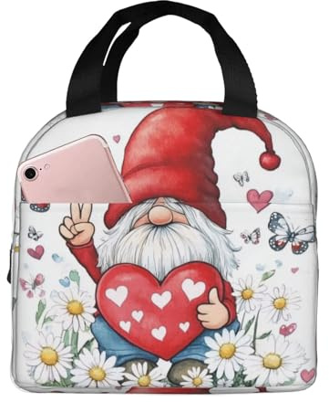 Mexpekil Lunch Bag for Travel Work Picnic, Christmas Gnomes with Love Heart Daisy Flowers Pattern Reusable Bento Box Lunch Tote Bag, Handbags Case High Capacity for Kids and Adults
