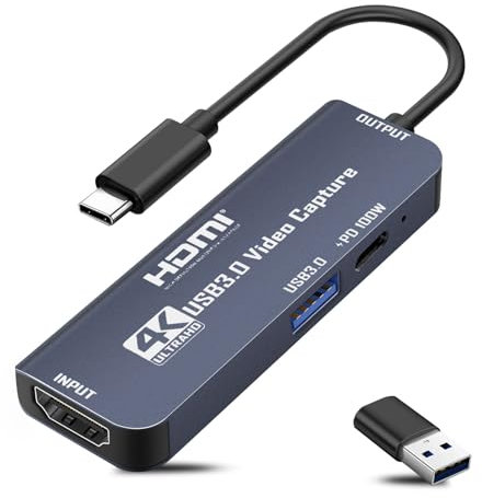 Carte de capture vidéo USB 3.0 avec alimentation 100 W et port 3.0, carte de capture HDMI 4K vers USB C/USB A, pour streaming en direct, jeux, enregistreur audio vidéo, grabber 1080p 60 Hz compatible