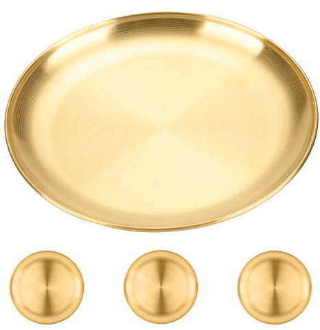 SEUICYNE 4 Stück Goldenes Rundes Tablett 20 cm, Edelstahl Rundes Geschirr, Edelstahl Tablett Serviertablett Gold Metall Dekoteller für Küche, Esszimmer, Camping, Party
