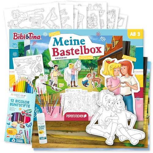 Papierdrachen Bastelbox Bibi & Tina - Komplettes Pferde Bastelset ab 3 Jahren - Inkl. Buntstifte & Kleber - Kreatives Geschenk für Kinder & Fans