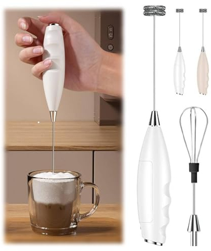 Mousseur à lait électrique portable avec 2 têtes de rechange, mousseur à piles pour café, latte et cappuccino (blanc)