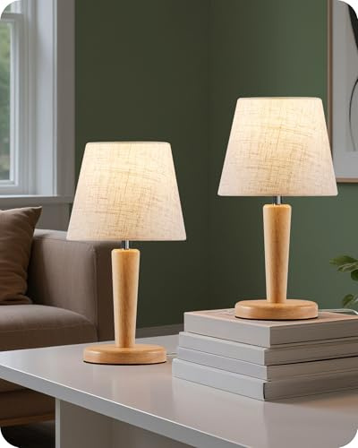 GOEBLESON Lampe de Chevet en Bois Lot de 2, Abat-jour en Tissu Lin Beige, 3 Températures de Couleur, avec Fonction Mémoire, Ampoules LED E27 Incluses, pour Chambre, Salon, Bureau