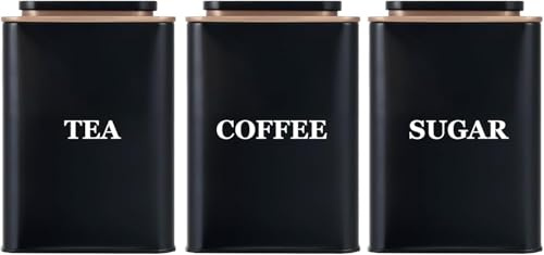 Yeqqzq 3Pcs Tea Coffee Sugar Canisters, 1000 ML Metal Teas and Coffee Canisters Set with Airtight Lid, Decorative Food Caddy, Kitchen Storage Jars, Decorative Stainless Tins, Black