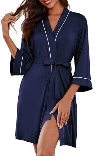 Ekouaer Accappatoio Donna Corta Maniche a 3/4 Vestaglia Super Morbido&Leggero Sottile Maglia Kimono Corta Maniche a 3/4 Con Tasche, Blu scuro, S