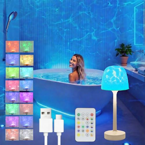 Shower Lamp Waterproof, Rechargeable Inside Bathroom Shower Light 16 Color Ocean Wave Projector with Remote, 3 Color Temperature, Dimmable Table Lamp for Bathtub Bedroom, Game Room Parties (White)