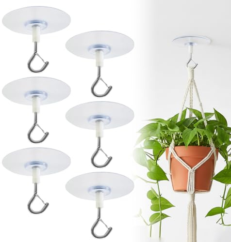 6 Pcs Clear Adhesive Ceiling Hooks, Plastic Suction Cup Hooks,Heavy Duty Self-Stick Ceiling Hooks for Hanging Plants Lanterns Bird Feeders Indoor Outdoor Decoration Planters Wall Towel Hook Holder