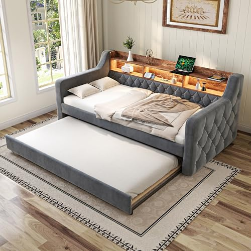 Ball & Cast Sofabett Tagesbett (90x190cm) mit Ambientelicht & USB-C-Anschluss, Jugendbett mit Ausziehbett, Zeitsparende Montage, Dunkelgrau