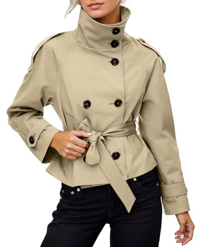 Generisch Short Trench Coat Double Breasted Short Jacket High Collar Autumn Winter Coats Outfit with Belt