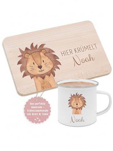 Wunderwunsch Personalisiertes Frühstücksset für Kinder mit Tieren - Holz-Frühstücksbrettchen und Emaille Tasse mit Namen, Kindergeschirr, Brotzeitbrett Gravur (Löwe)