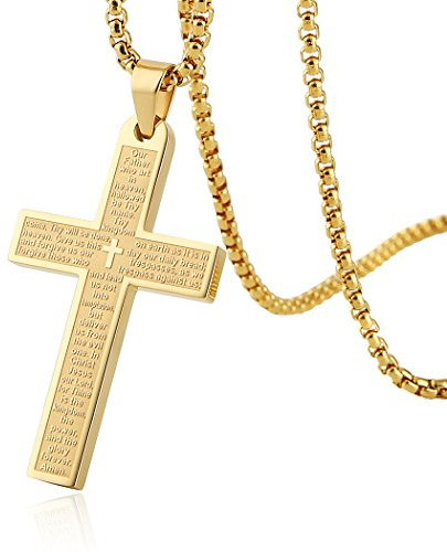 HZMAN Stainless Steel Mens Womens Cross Necklace Lord's Prayer Pendant, 4 Colors Available (Gold)