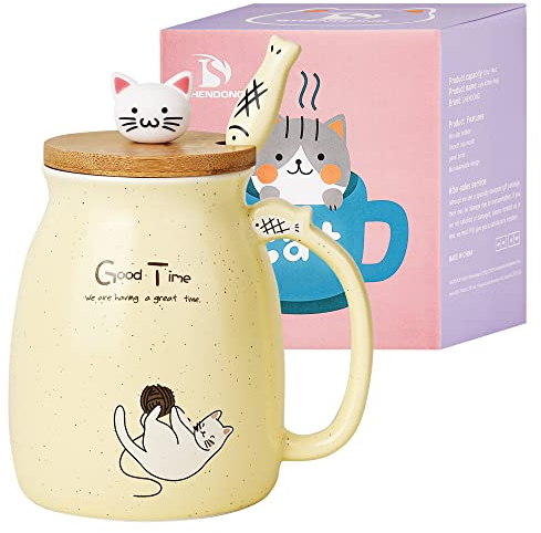 Tazza di gatto carino Tazza da caffè in ceramica con coperchio e cucchiaio in legno Kawaii Tazza del mattino della novità Tazze da tè al latte e caffè Tazze per gatti per amanti dei gatti Donne giallo