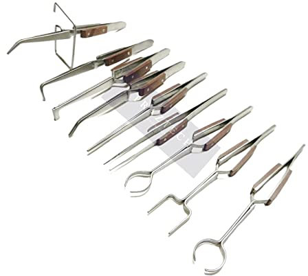 PRAZTECH® Heat Insulated All 9pcs (Angled & Straight) Self Locking Soldering Tweezers - Watch | Jewellers | Hand Free Cross Lock Set