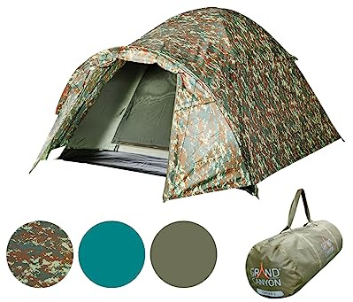 GRAND CANYON Topeka 2 Cupola, Tenda 2 Persone con Abside, Impermeabile e Resistente al Vento, Campeggio, Trekking, Bikepacking, Compatta, Ventilazione GrandFlow, Verde mimetico