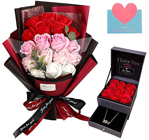 EIGHTOWN Roses Bouquet Fake Artificial Flower - Preserved Red Flowers with Love Necklace for Her - Unique Gifts Valentine's Day, Mother's Day, Thanksgiving, Birthday, Anniversary…