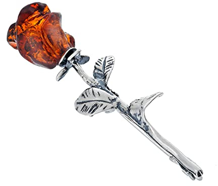 Damen Brosche, 925 Silber oxidiert, Bernstein Röslein handgeschnitzt, Kleine Silber Brosche mit Bernstein Rose in Cognac Farbe 2g