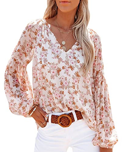 Chemise Fleurie Femme Blouse Col V Haut Ete Chic Chemisier Mousseline Manche Longue Fluide Ample Casual Large Tunique Grande Taille