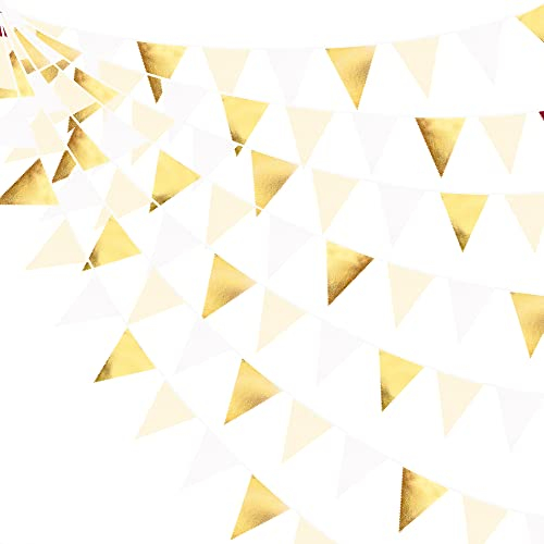 32Ft White Gold Beige Bunting Banner Party Decorations Fabric Triangle Flag Pennant Garland Streamers for Birthday Wedding Baby Bridal Shower Anniversary Engagement Baptism Graduation Hanging Decor