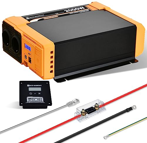 ECO-WORTHY Wechselrichter 12v auf 230v Reiner Sinus, Wechselrichter 2000w, Spannungswandler eingebauter Dual 18W USB-Anschluss, 2 * AC-Steckdosen, 1 * Hardwire-Klemmen und 1 * 100A Sicherung