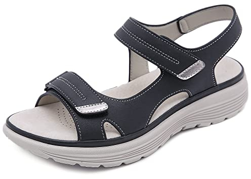 SMajong Damen Orthopädische Sandalen Frauen Bequeme Sandaletten mit Weiches Fußbett Sommer Leichte Rutschfest Sandals,B Schwarz, Gr.38