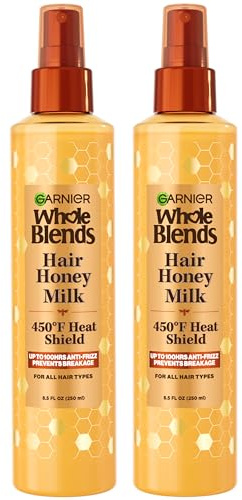 Garnier Whole Blends Hair Honey Milk 450F Heat Protectant Spray, For All Hair Types With Up To 100 Hrs of Frizz Control, 8.5 Fl Oz, 2 Count