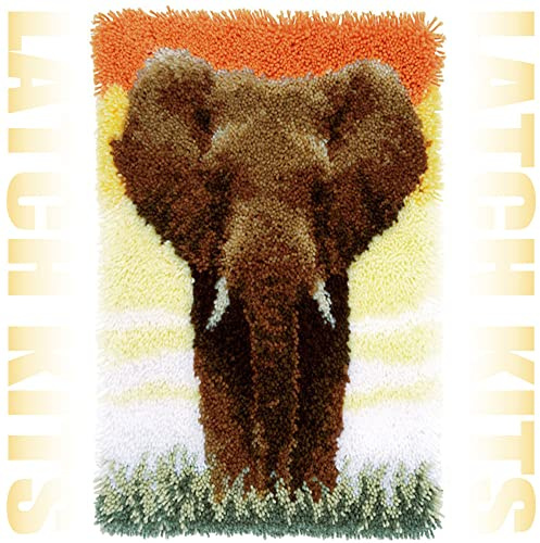 Latch Hook Kits for Adults Rug, 52X38cm DIY Rug Making Kit for Adults Color Printed Latch Kits, Elephant Latch Hook Cushion Kits, Teens Latch Hook Rug Kit, Latch Hook Craft Kit, Carpet Crochet Kits