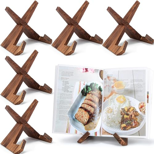 Wenqik 6 Pcs Cookbook Stand for Kitchen Recipe Book Holder Wooden Plate Picture Stand for Display Cook Book Holder for Kitchen Counter(Brown,6.5 Inch)